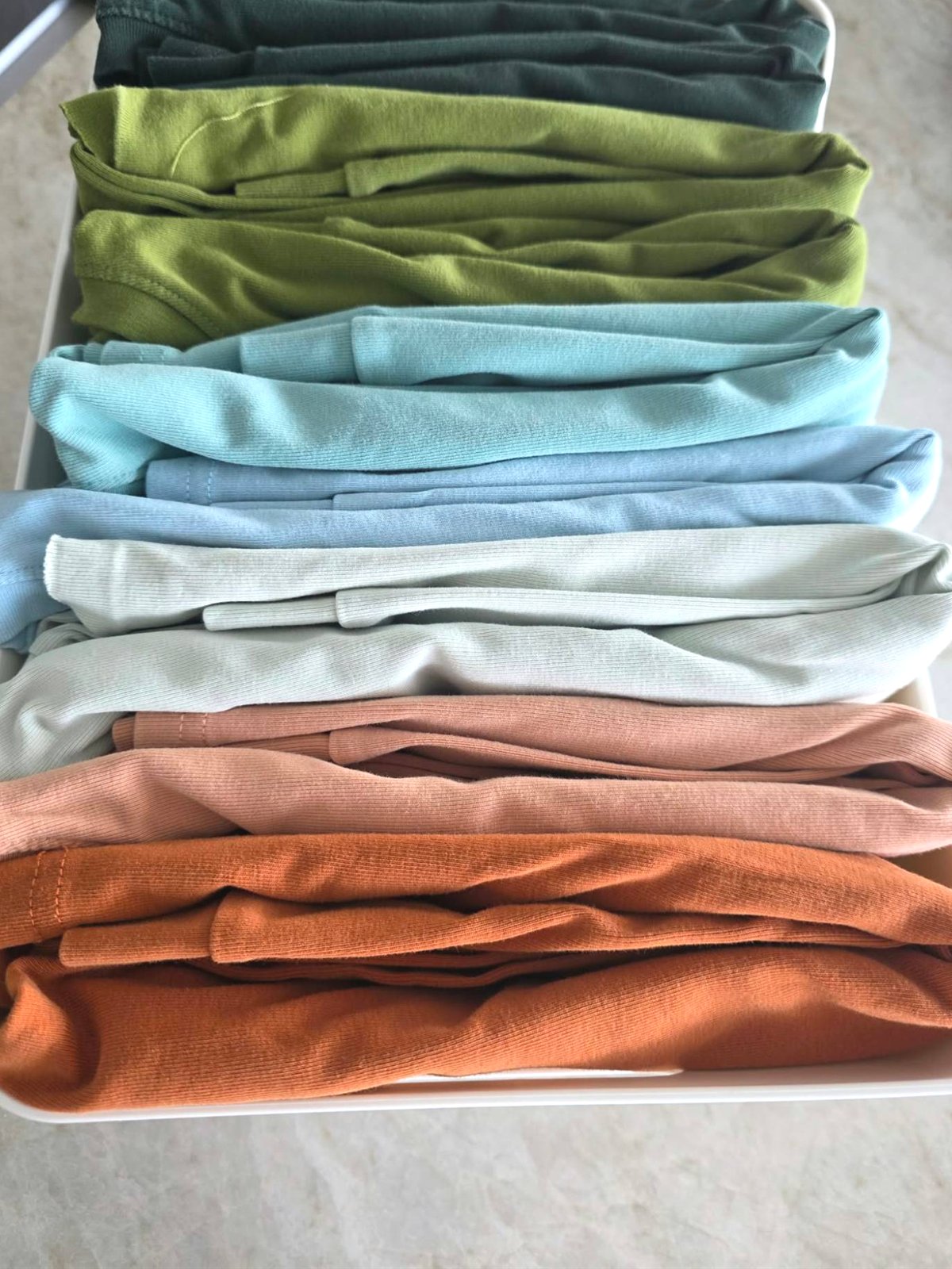 Drawer of t-shirts folded upright and sorted by colour